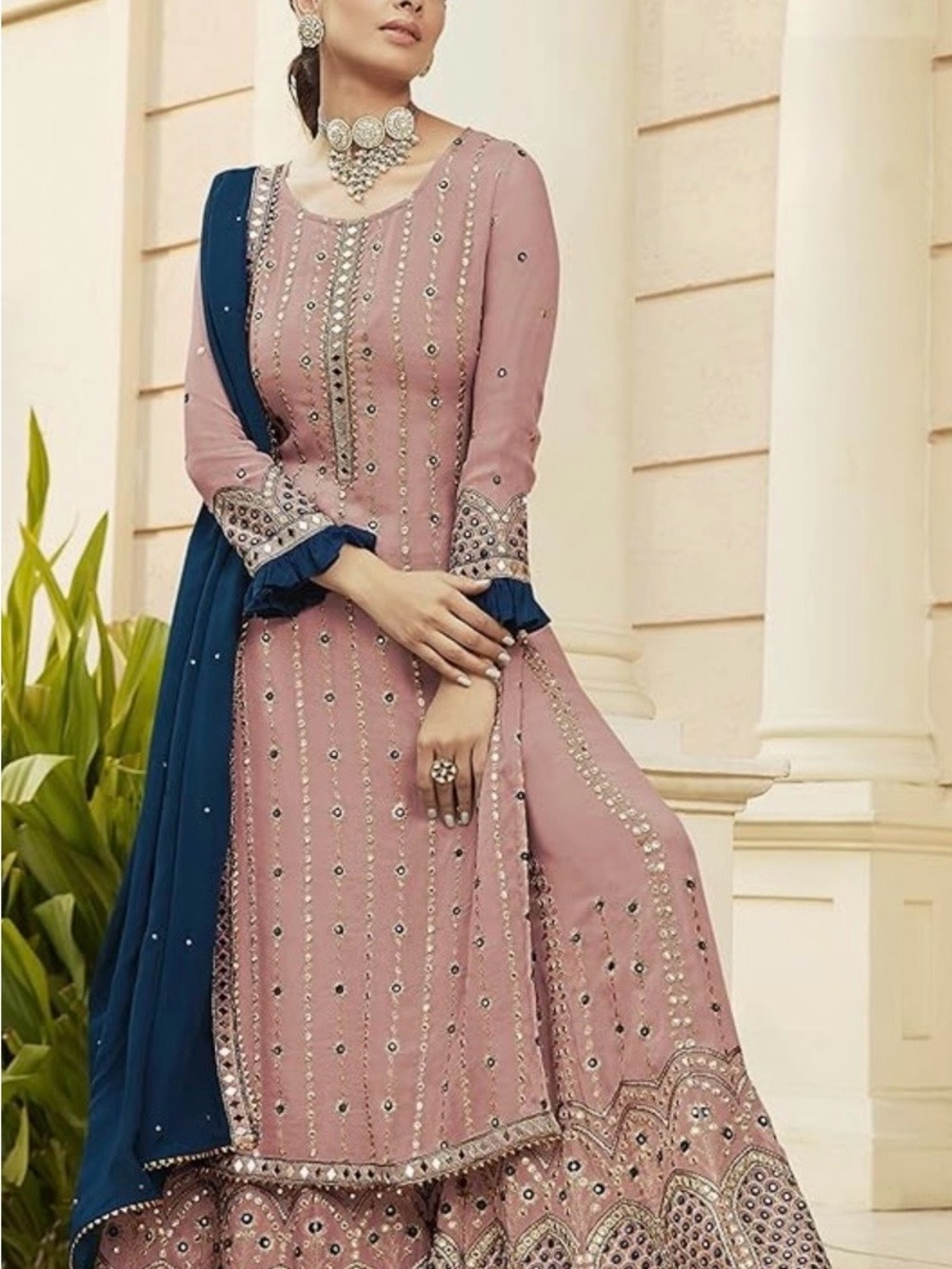 Elegant Pink Embellished Mirror work Dress with Plazzo and Navy Dupatta